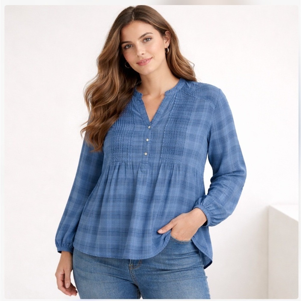 Style & Co Blue Plaid Pintuck Popover Blouse Relaxed Fit‎ Size XXL